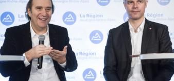 Xavier Niel, président du groupe Iliad, et Laurent Wauquiez, président de la région Auvergne Rhône-Alpes, lors de la présentation du campus numérique en janvier 2017.