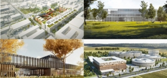 De gauche à droite et de haut en bas : le futur bâtiment de l'ENS Cachan, perspective ouest du futur bâtiment de l’Ensae ParisTechle, le futur Centre de physique matière et rayonnement - Université Paris-Sud/CNRS, le Campus EDF Paris-Saclay