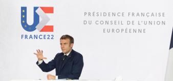 Conférence de presse d'Emmanuel Macron le 9 décembre 2021 pour présenter les enjeux de la PFUE en 2022.