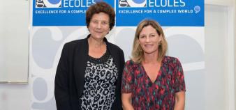 Frédérique Vidal, ministre de l'Enseignement supérieur, de la Recherche et de l'Innovation, et Anne-Lucie Wack, présidente de la CGE, au congrès de la Conférence à Lille, le 4 octobre 2018.