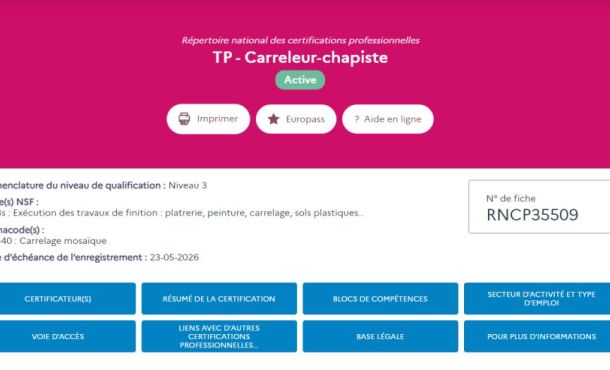 La fiche de certification du titre professionnel de carreleur-chapiste, sur le site de France Compétences.