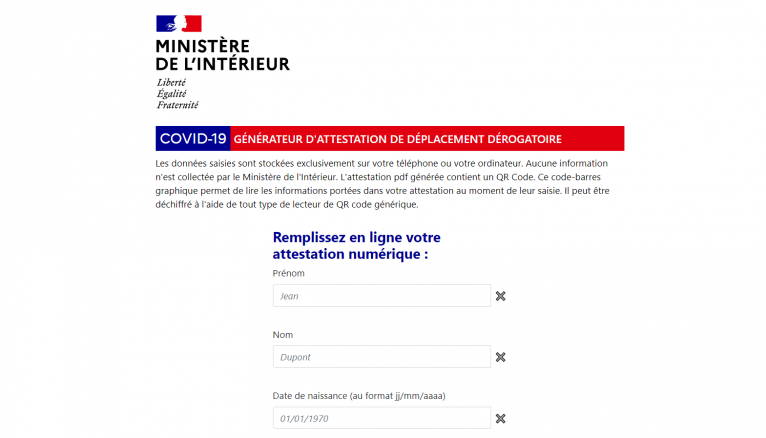 Le générateur d'attestation de déplacement dérogatoire en ligne sur le site du Ministère de l'Intérieur