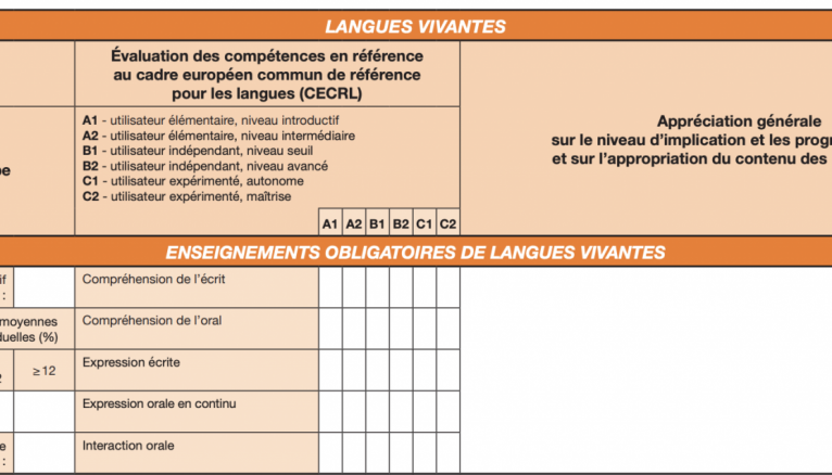 Exemple d'une grille d'évaluation pour les langues vivantes - capture d'écran