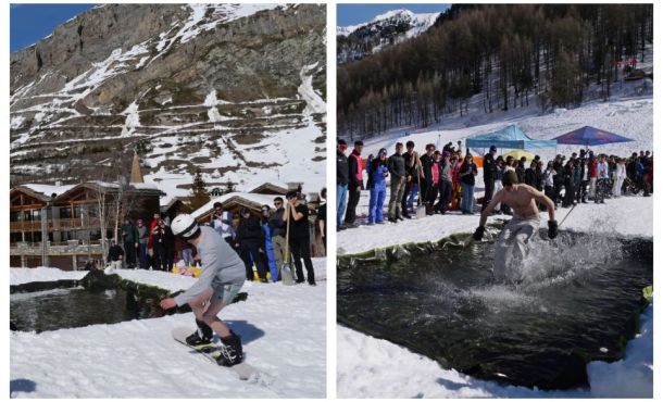 L’une des épreuves reine du GEM Altigliss Challenge est le pond skimming, une discipline qui consiste à traverser un bassin rempli d’eau en ski.