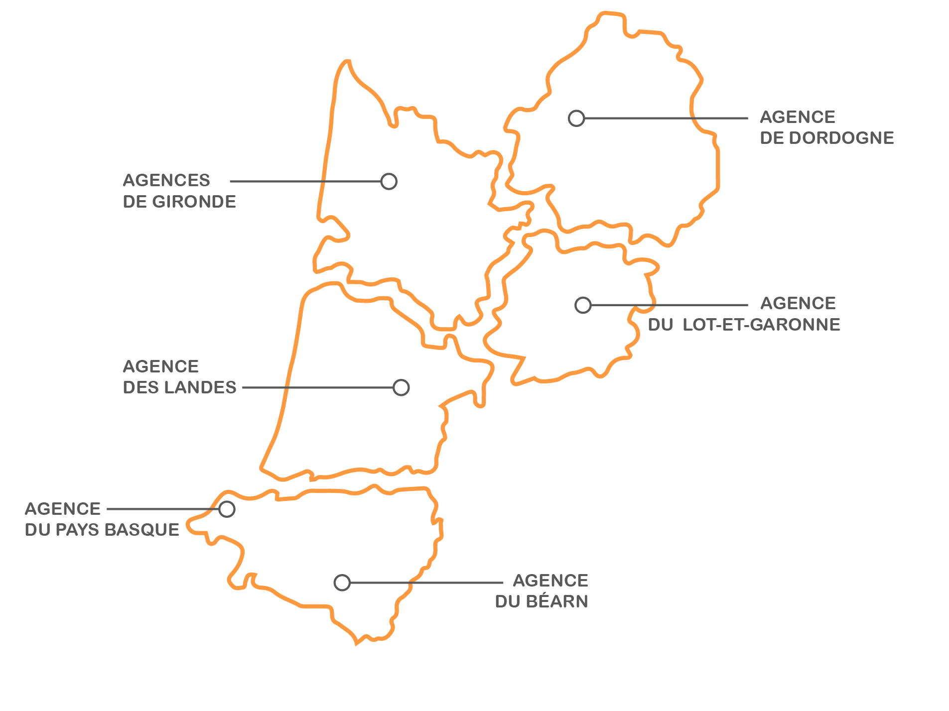 Carte illustrant l'emplacement des différentes agences dans la région